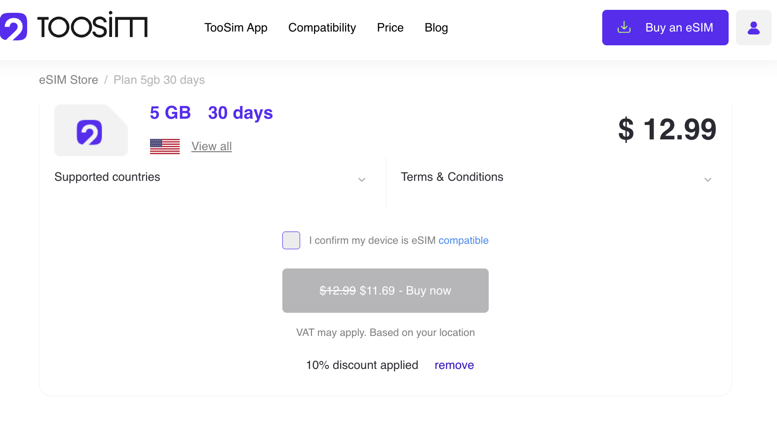toosim promo code applyed